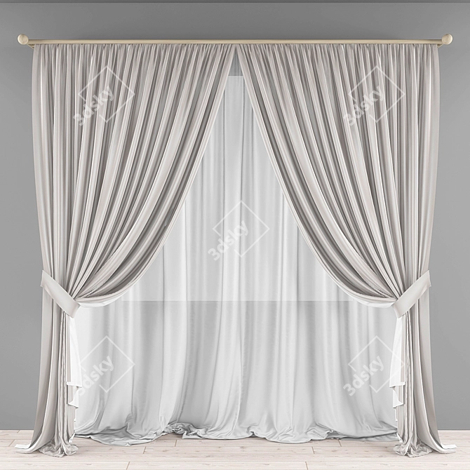 Floor-Length Curtain with Straight Tulle 3D model image 3