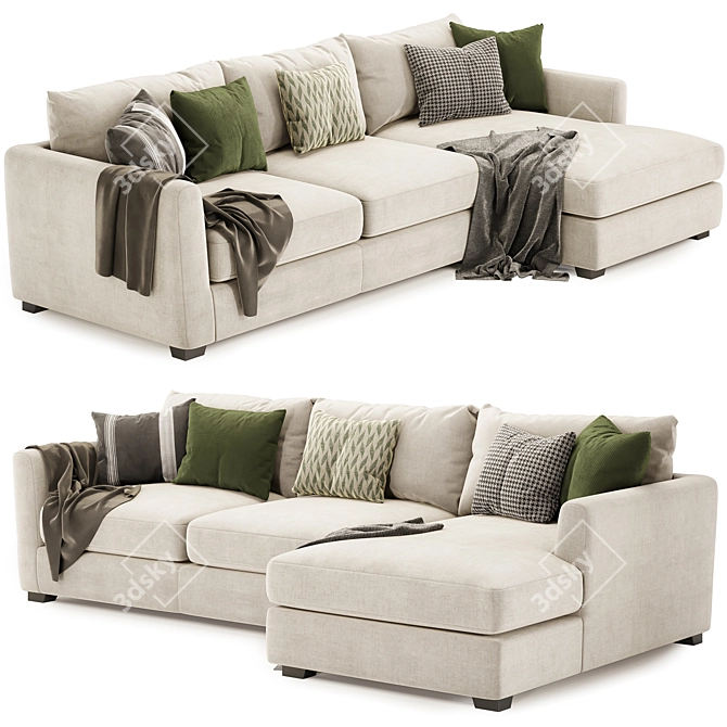 Light Color 3-Seater Chaise Sofa 3D model image 2