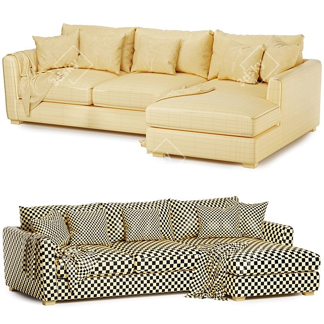 Light Color 3-Seater Chaise Sofa 3D model image 3
