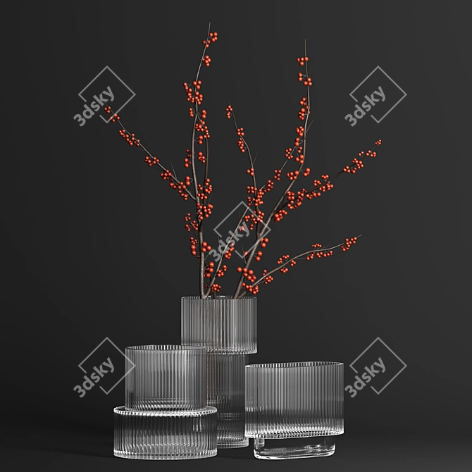 H&M Glass Vases & Red Berry Branch 3D model image 2