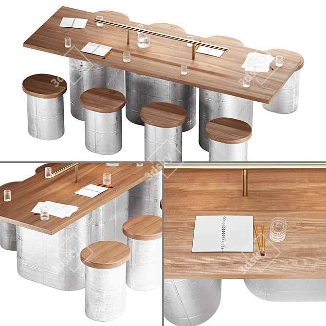 Modern Concrete Meeting Table Set 3D model image 1