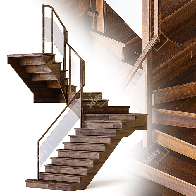 Corner Curved Wood Staircase 3D model image 1