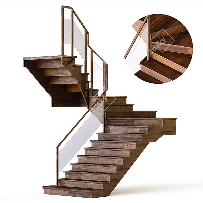 Corner Curved Wood Staircase 3D model image 9