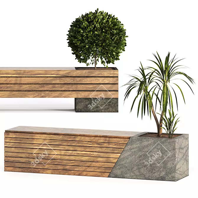 Two Bench Set with Plants 3D model image 1