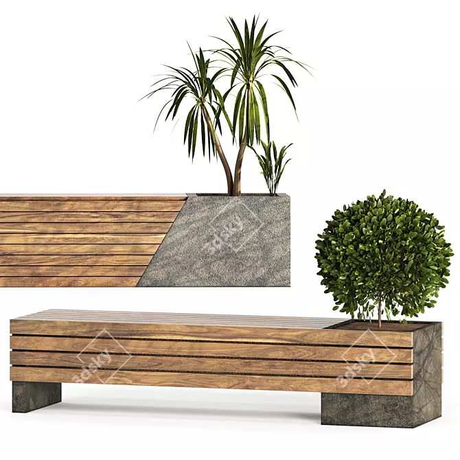 Two Bench Set with Plants 3D model image 2