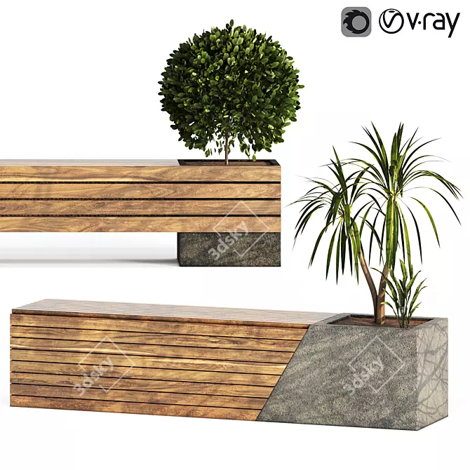 Two Bench Set with Plants 3D model image 7