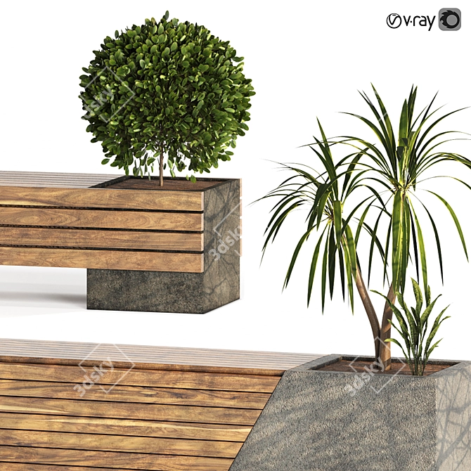 Two Bench Set with Plants 3D model image 8