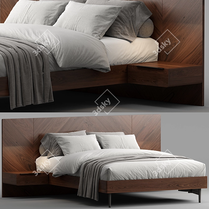 Modern Walnut Queen Bed Set 3D model image 1