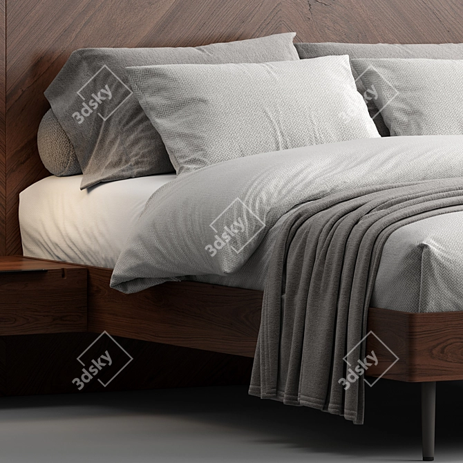 Modern Walnut Queen Bed Set 3D model image 5