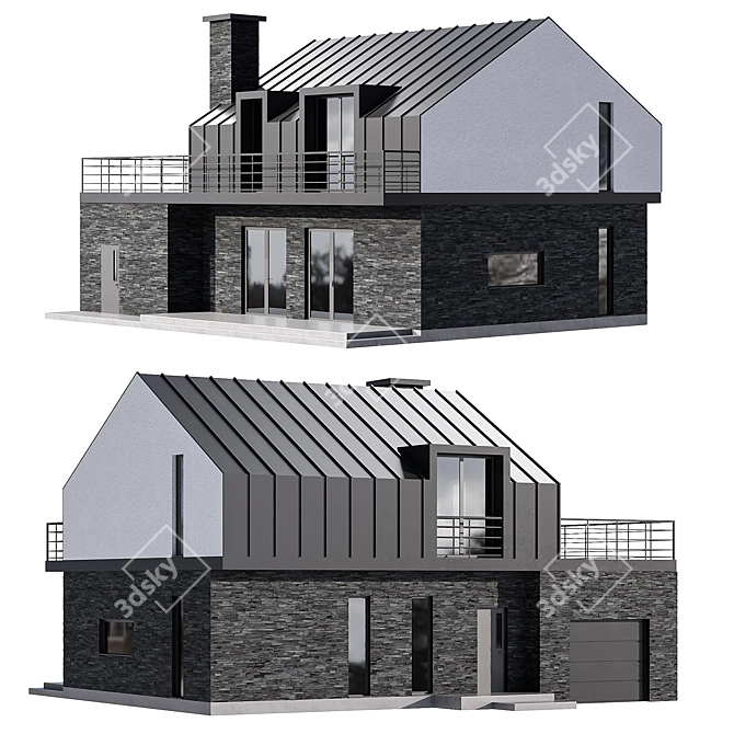 Modern Stone House with Garage, Mansard, & Terrace 3D model image 2