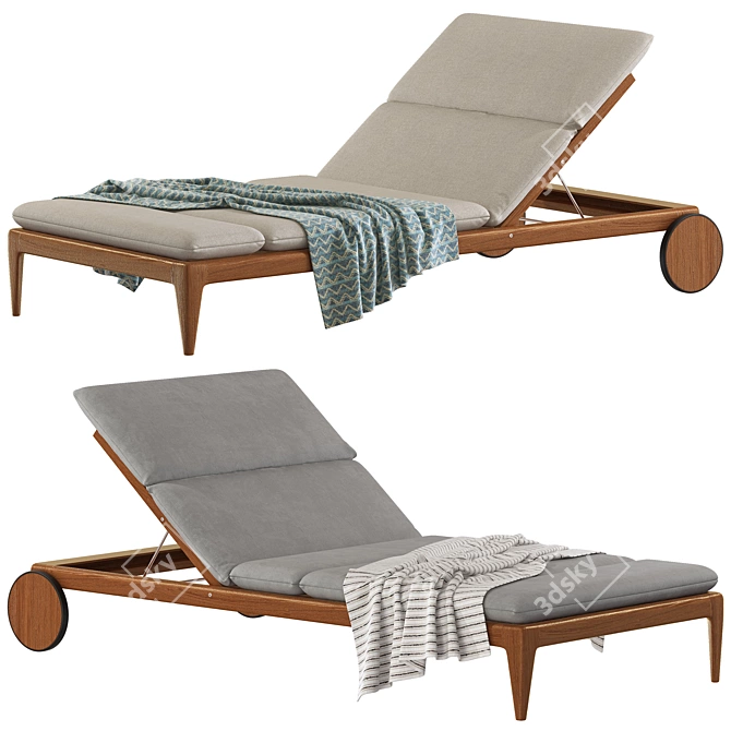 Elegant Teak Sun Lounger with Casters 3D model image 1