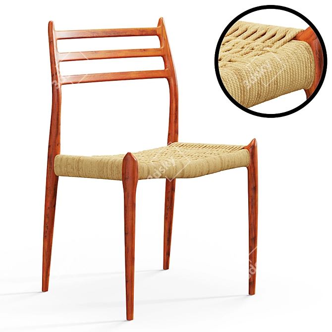 Teak & Paper Cord Vintage Chair 3D model image 4