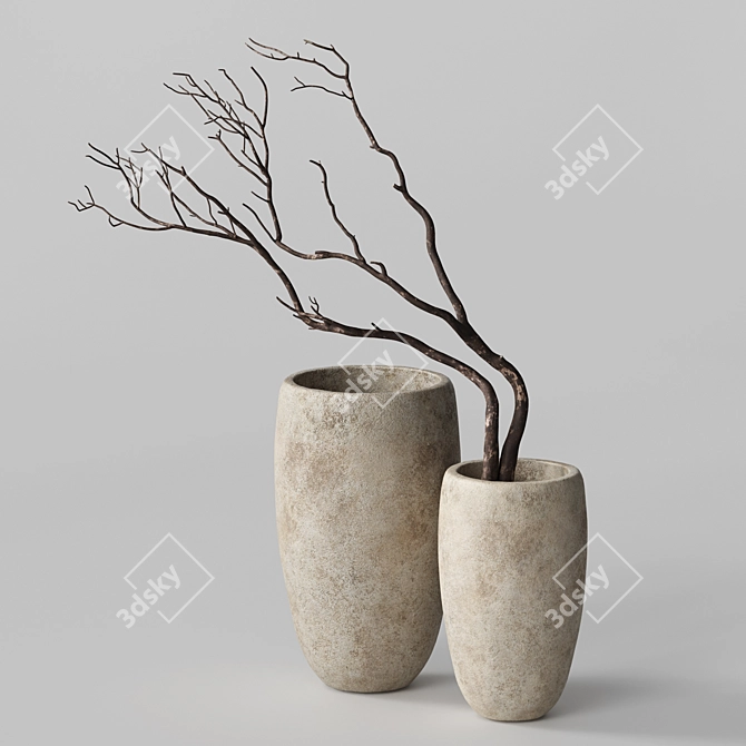 Handcrafted Concrete Vases with Dry Branches 3D model image 3