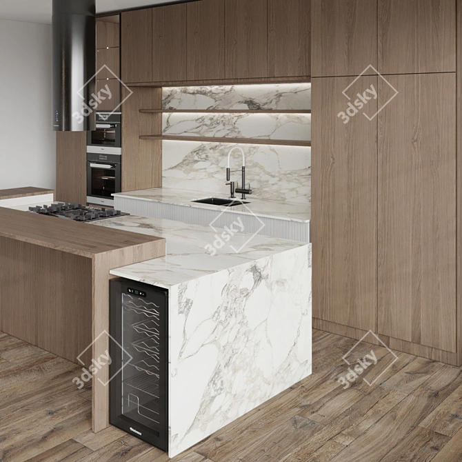 Modern Linear Island Kitchen 3D 3D model image 5