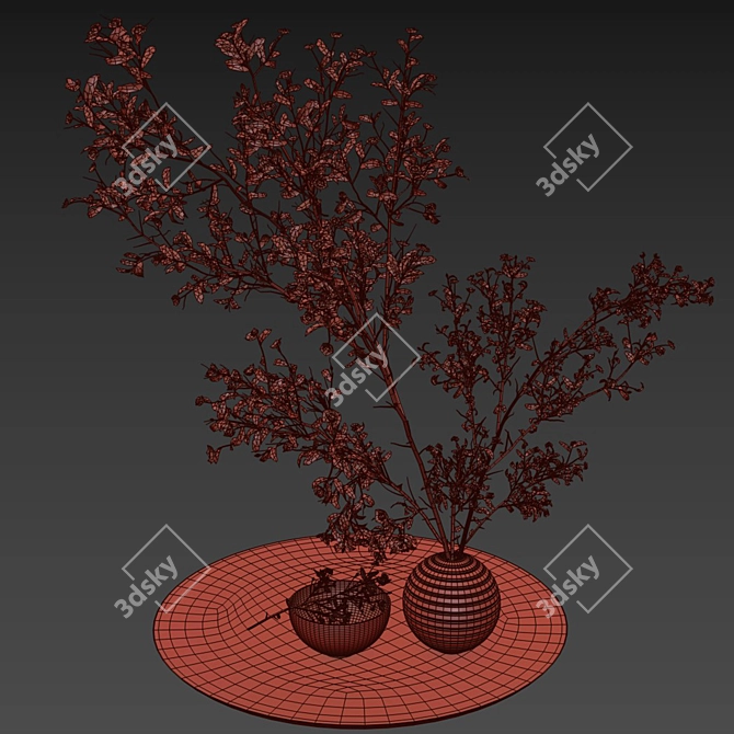 White Vase Set with Pulm Branch 3D model image 4