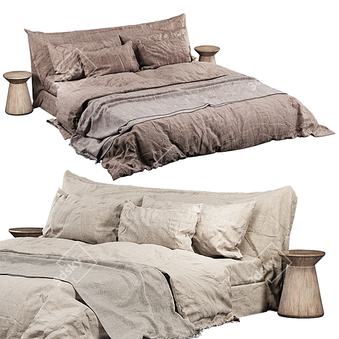 Cozy Neutral Bed Set with Zara Home Linen Bedding 3D model image 2