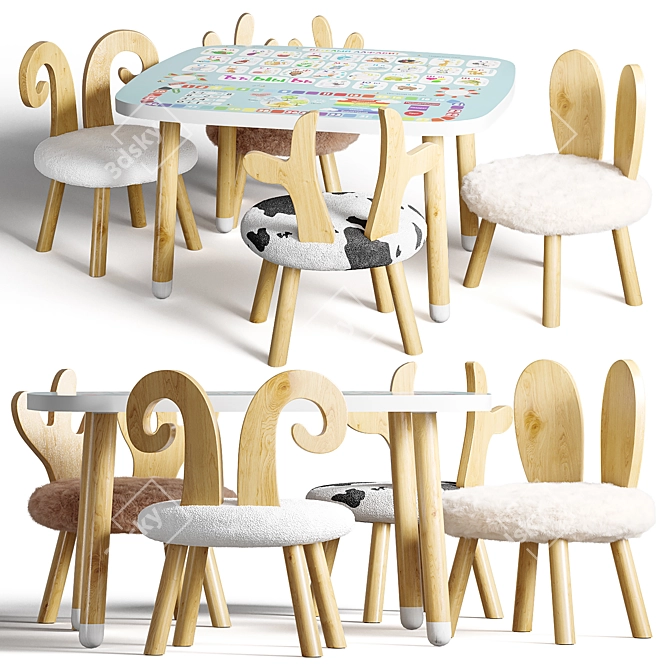 Wooden Kids Table Set, Nursery 3D model image 1