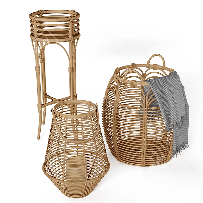 Rattan Basket Set with Stand 3D model image 1