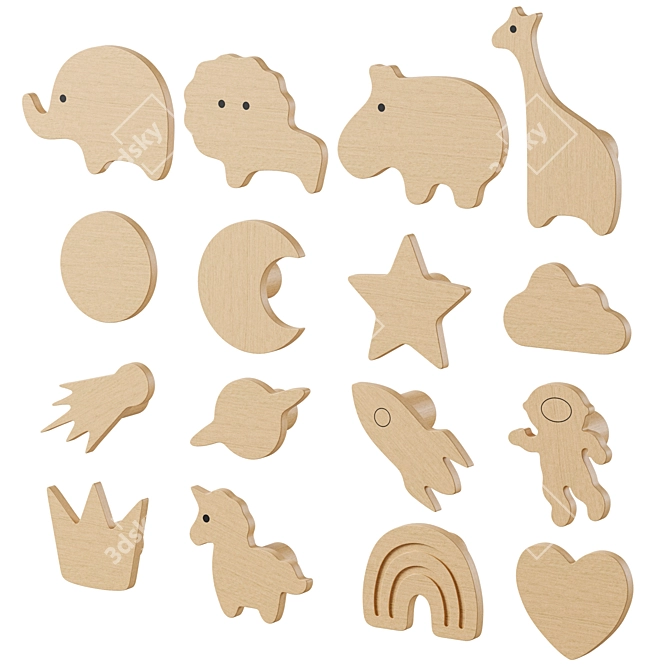 Animal Wall Hooks Set for Kids 3D model image 1