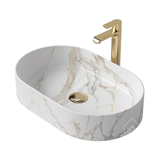Elegant Marble Basin Set Gold Mixer 3D model image 1