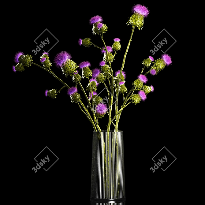 Green Thistle Bouquet in Modern Glass Vase 3D model image 2