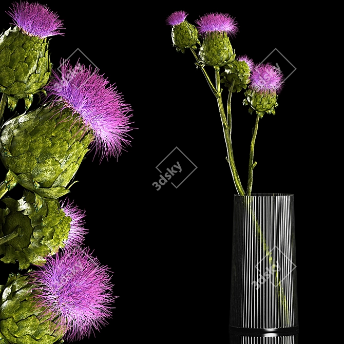 Green Thistle Bouquet in Modern Vase 3D model image 1