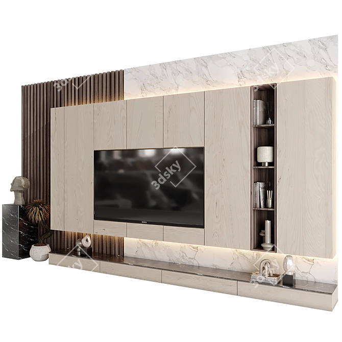 Modern Wood & Stone TV Wall 3D model image 2
