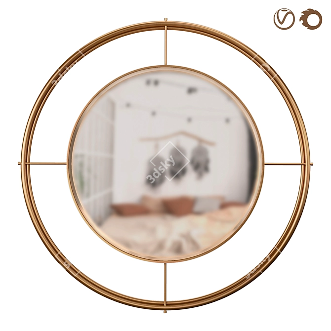 Golden Metal Frame Round Mirror 3D model image 5