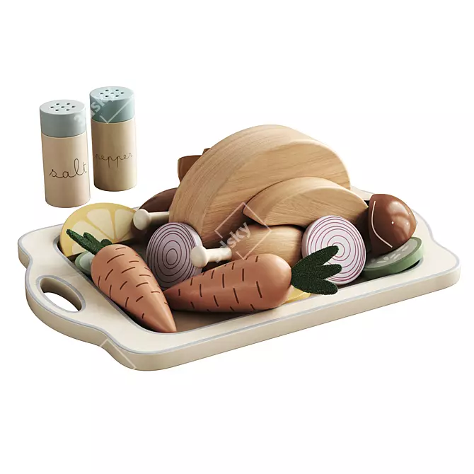  Wooden Play Food Set: Vegetables & Chicken 3D model image 1