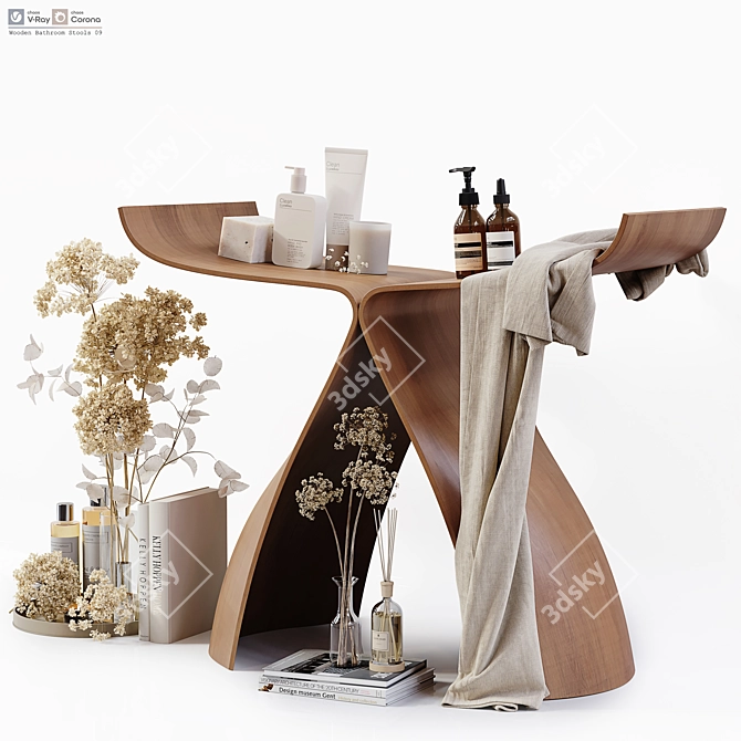 Premium Wooden Bathroom Stool Model 3D model image 5