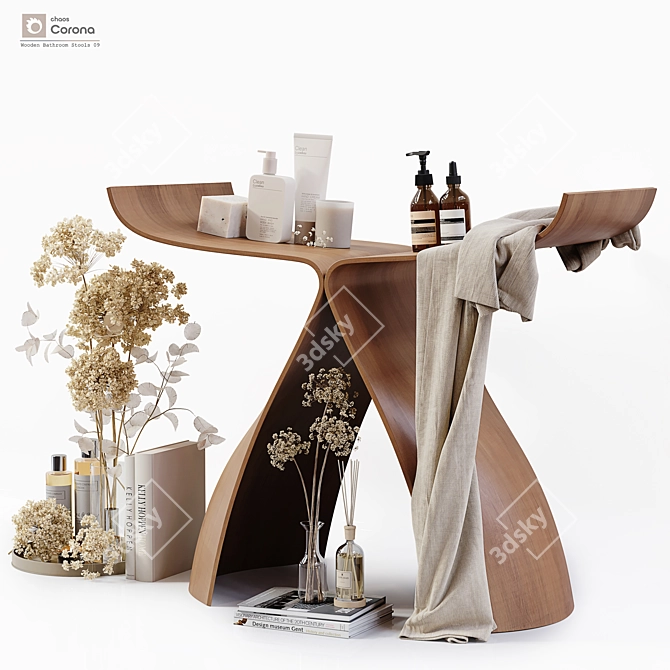 Premium Wooden Bathroom Stool Model 3D model image 6