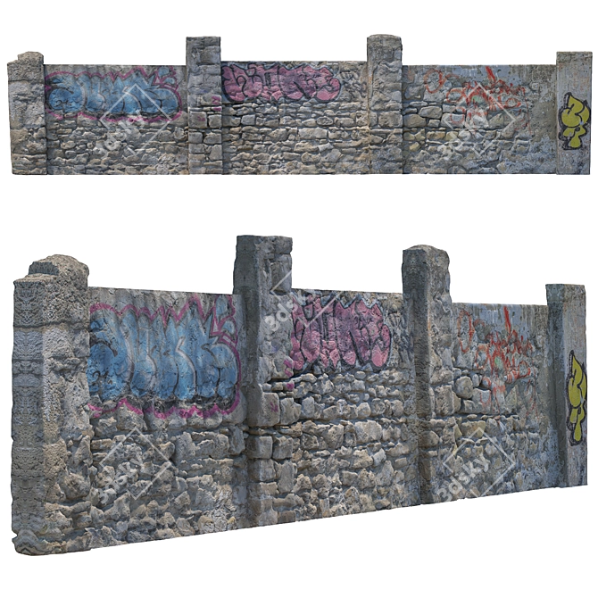 Modular Stone Fence with Graffiti 3D model image 1