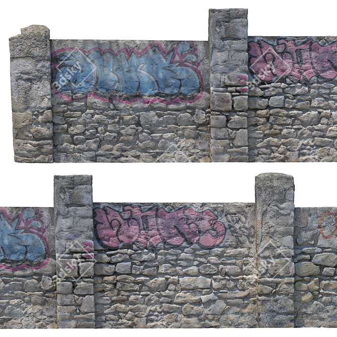 Modular Stone Fence with Graffiti 3D model image 3