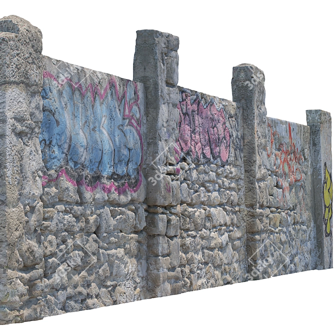 Modular Stone Fence with Graffiti 3D model image 4