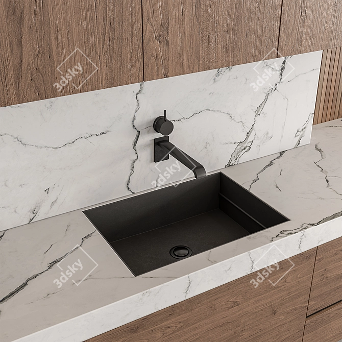 Sleek Wood & White Kitchen 3D model image 3