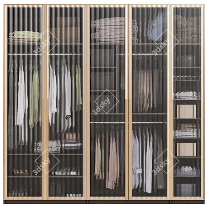 Modern Wardrobe with Ribbed Glass Doors 3D model image 5