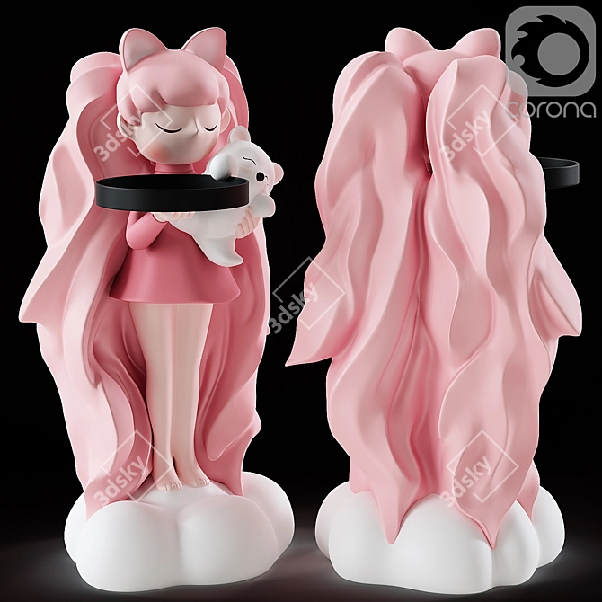 Cat Girl Figurine with Tray 3D model image 2