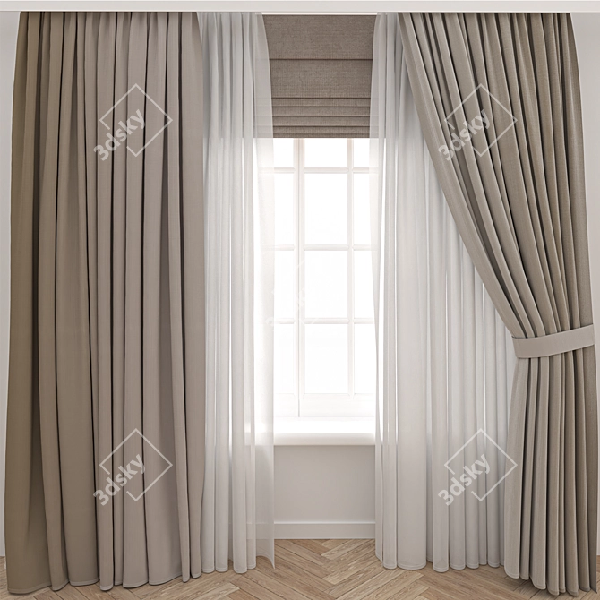 Wooden Window Curtain Parquet 3D 3D model image 1