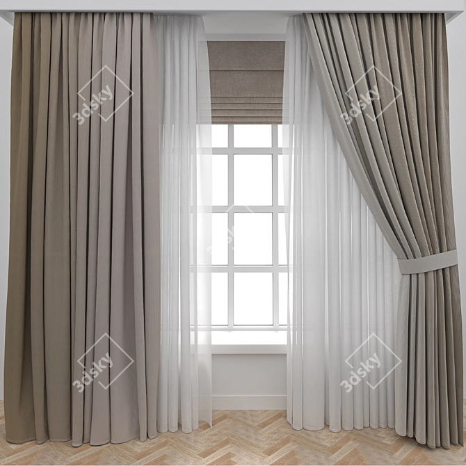 Wooden Window Curtain Parquet 3D 3D model image 4