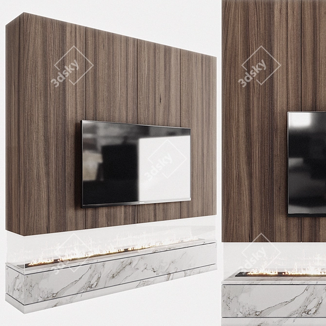 Premium Wood Stone TV Wall 3D model image 1