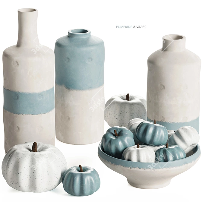 Handcrafted Blue & White Vase Set 3D model image 1