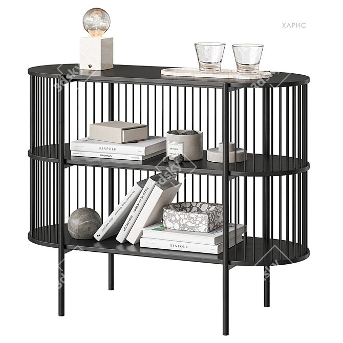 Haris Black Bookshelf with Decor 3D model image 1