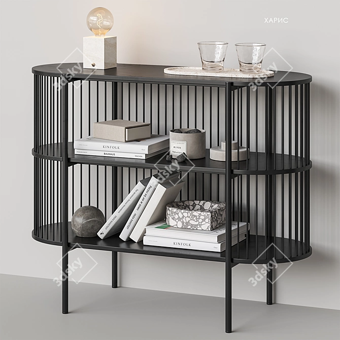 Haris Black Bookshelf with Decor 3D model image 2