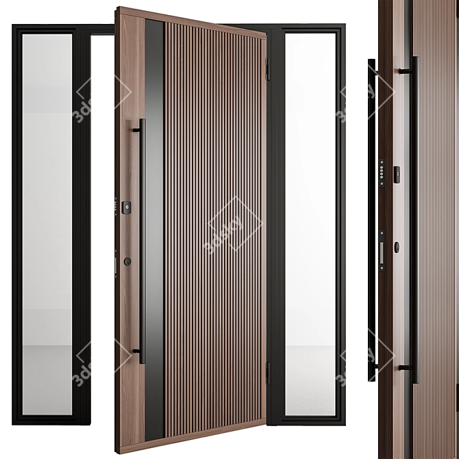 Rustic Wooden Entry Door Set 3D model image 2