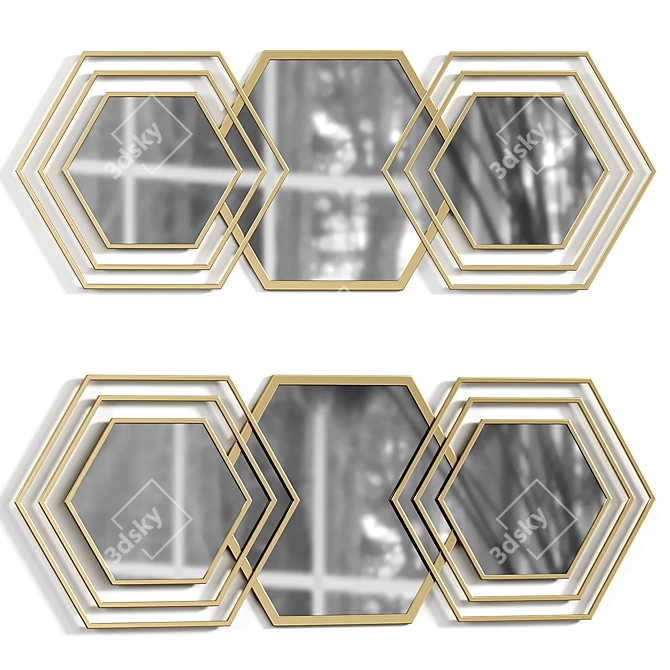 Elegant Gold Hexagon Wall Mirror 3D model image 1