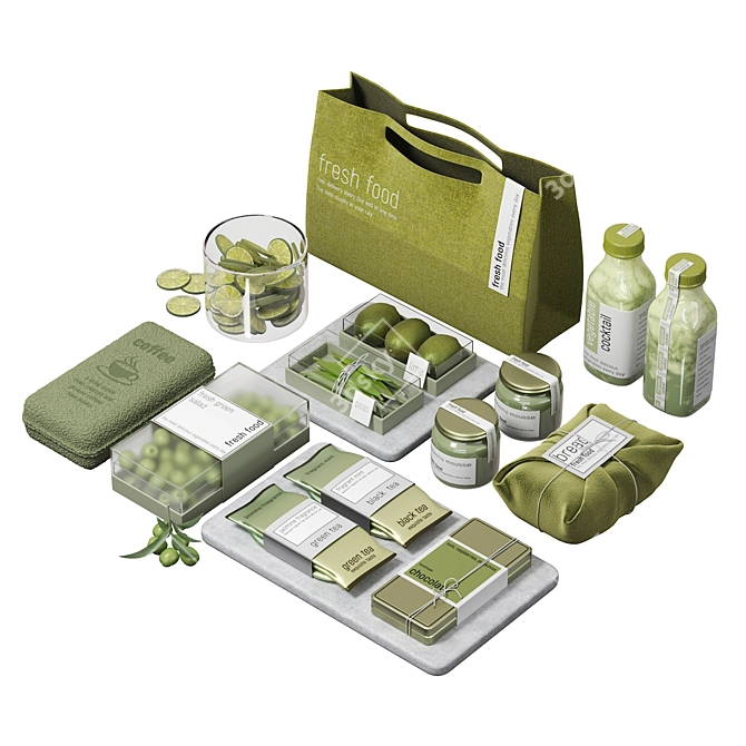 Green Kitchen Decor Set, Modular Design (Corona/Vray) 3D model image 3