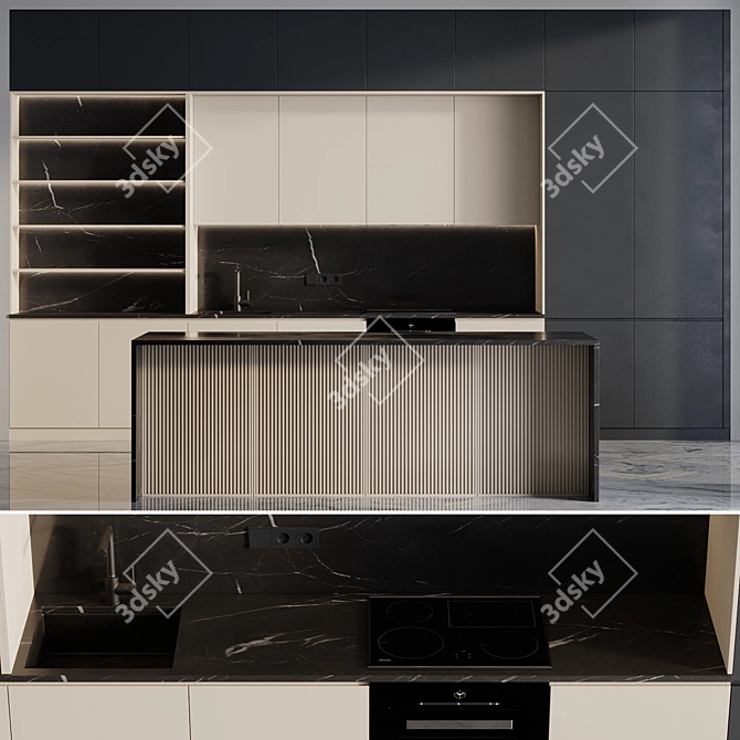 Modern Kitchen with Island & Miele Appliances 3D model image 1