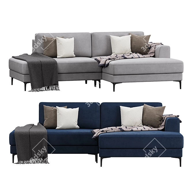 Modern Edwin Velvet Corner Sofa 3D model image 2