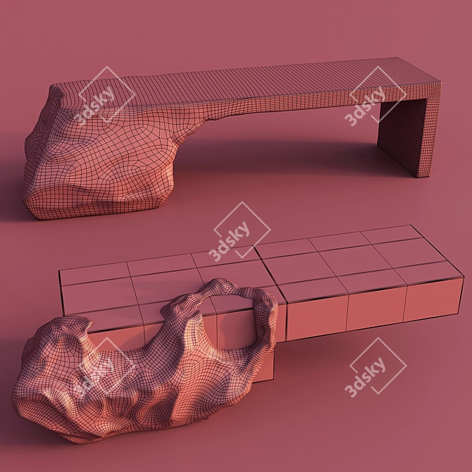 Artisanal Sculpted Bench Set 3D model image 5