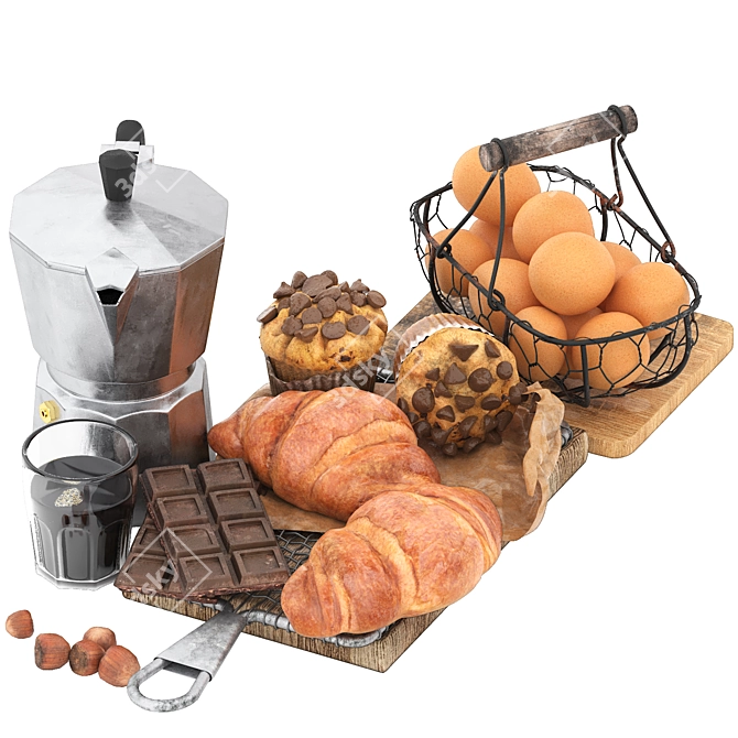 Croissant Chocolate Coffee Breakfast Kit 3D model image 2